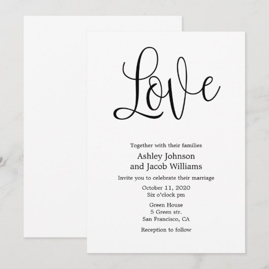 Zwart-wit huwelijksuitnodiging. Liefde nodigt uit Kaart (Voorkant / Achterkant)