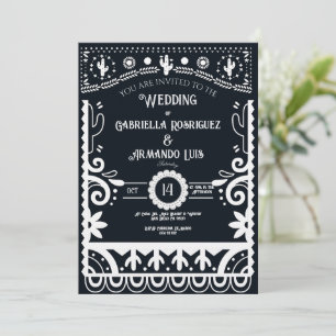 Zwart & Wit Huwelijksuitnodiging van Papel Picado Kaart