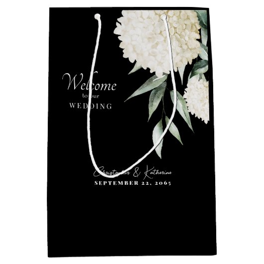 Zwart & Wit Hydrangea bruiloft welkom gebladerte Medium Cadeauzakje (Voorkant)