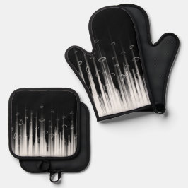 Zwart-wit hypnotische cirkelvormige lijn strepen k ovenwant & pannenlap set