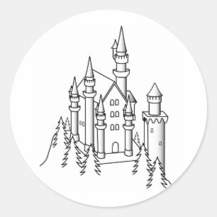 Zwart-wit illustratie van een kasteel omringd ronde sticker