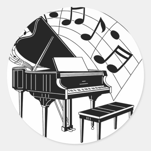 Zwart/wit Illustratie van Grote Piano & Nota's Ronde Sticker (Voorkant)