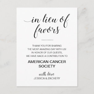 Zwart wit in plaats van bruiloft gunsten liefdadig informatiekaartje