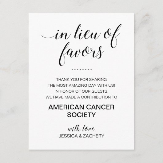 Zwart wit in plaats van bruiloft gunsten liefdadig informatiekaartje (Voorkant)