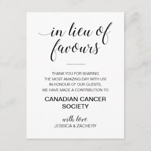Zwart wit in plaats van bruiloft gunsten liefdadig informatiekaartje