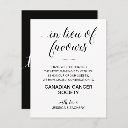 Zwart wit in plaats van bruiloft gunsten liefdadig informatiekaartje (Voorkant / Achterkant)
