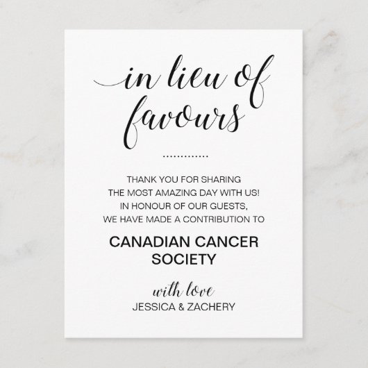 Zwart wit in plaats van bruiloft gunsten liefdadig informatiekaartje (Voorkant)