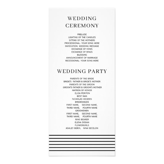 Zwart, wit initialen en strepen bruiloft programma (Achterkant)
