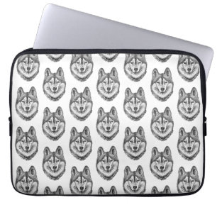 Zwart & Wit Inkt & Waterverf Siberische Husky Laptop Sleeve