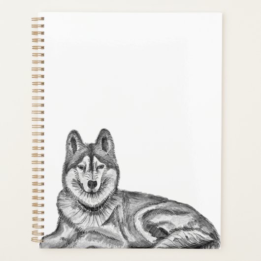 Zwart & Wit Inkt & Waterverf Siberische Husky Planner (Voorkant)