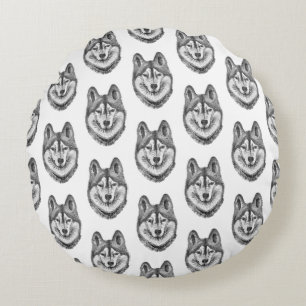 Zwart & Wit Inkt & Waterverf Siberische Husky Rond Kussen