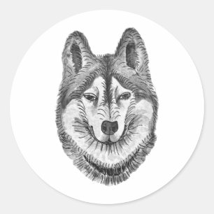 Zwart & Wit Inkt & Waterverf Siberische Husky Ronde Sticker