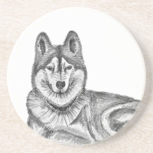 Zwart & Wit Inkt & Waterverf Siberische Husky Zandsteen Onderzetter