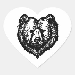 Zwart-wit inkttekening van een berengezicht hart sticker