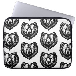 Zwart-wit inkttekening van een berengezicht laptop sleeve