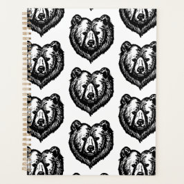Zwart-wit inkttekening van een berengezicht planner