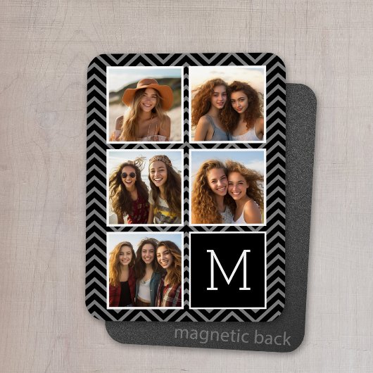 Zwart wit instagram 5 Photo Collage Monogram Magneet
