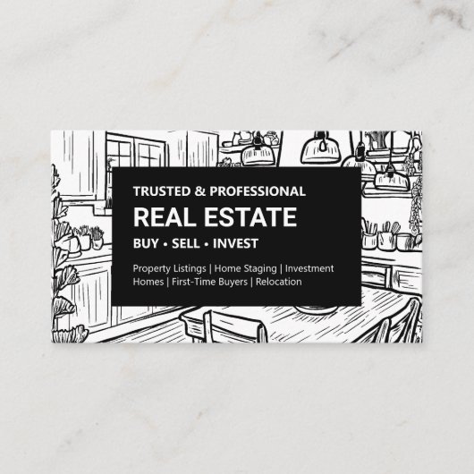Zwart-wit interieur onroerend goed visitekaartje (Voorkant)