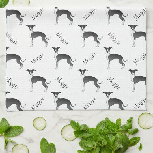 Zwart-wit Italiaans grijnwindpatroon en naam Theedoek (Gevouwen)