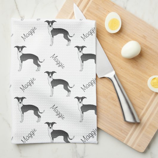 Zwart-wit Italiaans grijnwindpatroon en naam Theedoek (Quarter Fold)