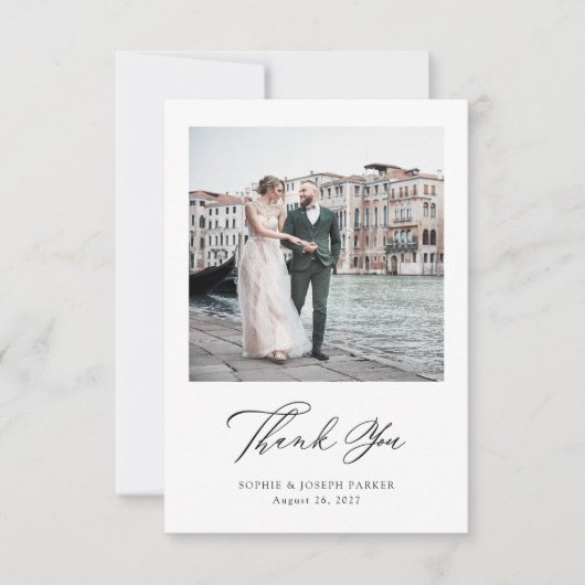 Zwart-wit Italiaanse elegantie Twee foto bruiloft Bedankkaart (Voorkant)