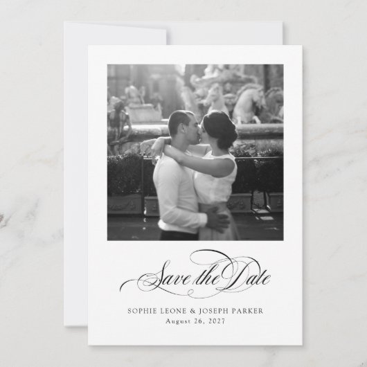 Zwart-wit Italiaanse elegantie Twee foto QR-code Save The Date (Voorkant)