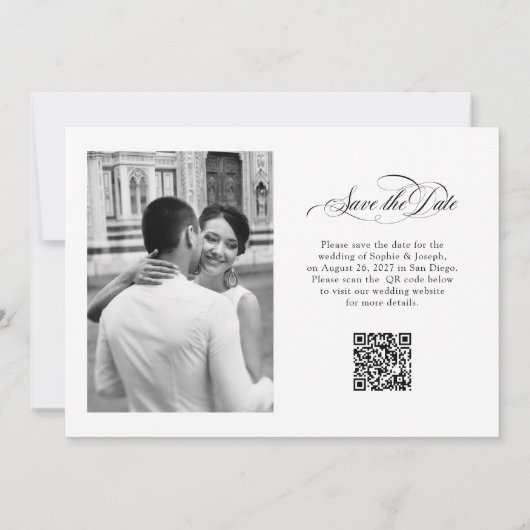 Zwart-wit Italiaanse elegantie Twee foto QR-code Save The Date (Achterkant)