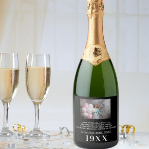 Zwart wit jaar geboren foto bio verjaardagsfeest sparkling wijnetiket