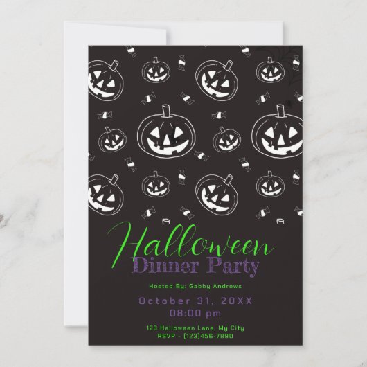 Zwart Wit Jack-O' Lantaarn Halloween Diner Party Kaart (Voorkant)