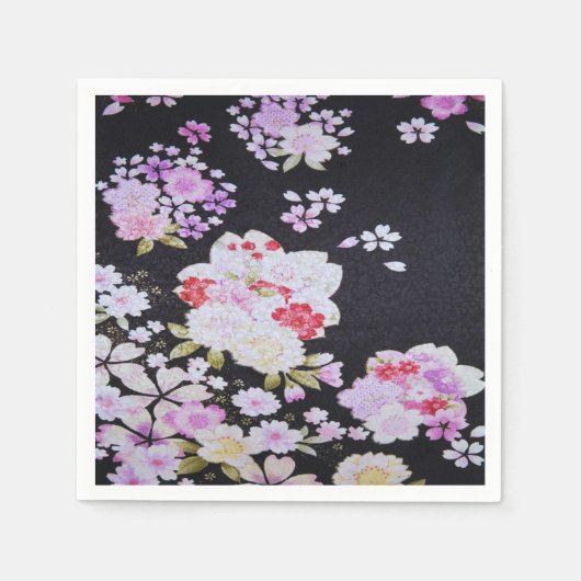 Zwart Wit Japans Kimono Bloemen Decoupage Papier Servet (Voorkant)