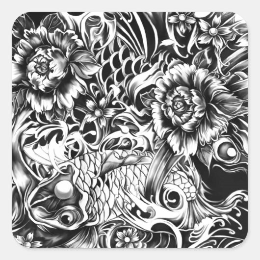 Zwart-wit Japans Koi tattoo kunst. Vierkante Sticker (Voorkant)