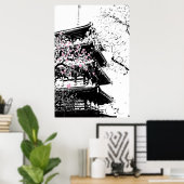 Zwart/Wit Japanse Pagode w/Kersenbloesems Poster (Thuiskantoor)