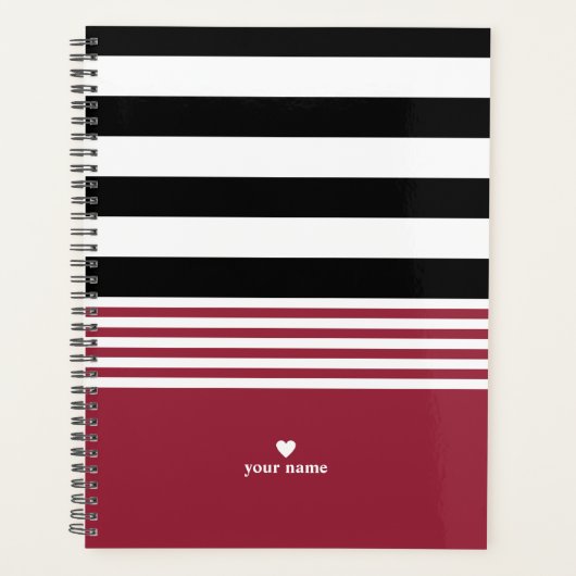 Zwart, Wit & Jester Rood Gestreept Gepersonaliseer Planner (Voorkant)