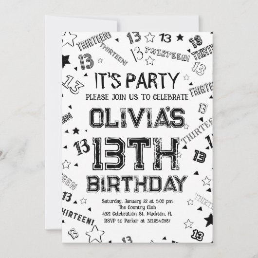 Zwart Wit Jongen Nummer Dertien Verjaardagsfeest Kaart (Voorkant)