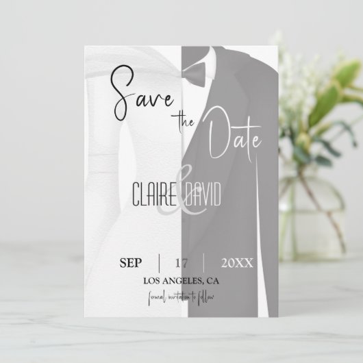 Zwart-wit jurk smoking save the date kaart (Staand voorkant)