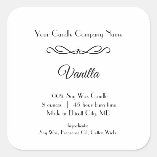 Zwart wit kaarslabel Vlourish Swirl minimalist Vierkante Sticker (Voorkant)
