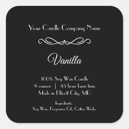 Zwart wit kaarslabel Vlourish Swirl minimalist Vierkante Sticker (Voorkant)
