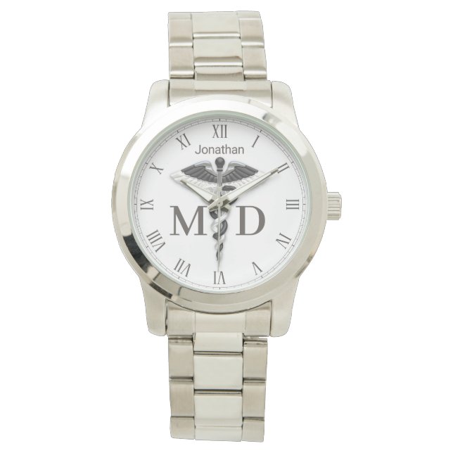 Zwart wit Kaduceus Naam Medische arts MD Watch Horloge (Voorkant)