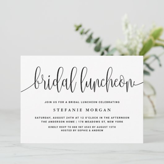 Zwart-wit  kalligrafie bruidslunch kaart (Staand voorkant)