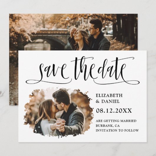 Zwart Wit Kalligrafie Bruiloft 2 Splatter Foto Save The Date (Voorkant / Achterkant)