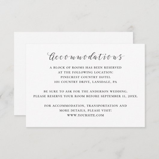 Zwart-wit kalligrafie bruiloft accommodaties informatiekaartje (Voorkant / Achterkant)