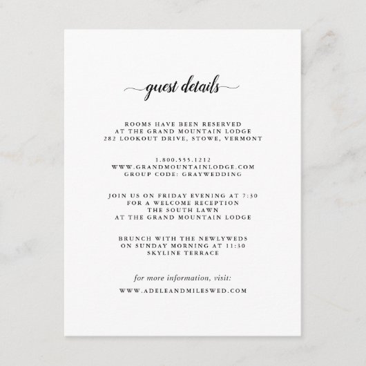 Zwart-wit kalligrafie bruiloft details informatiekaartje (Voorkant)