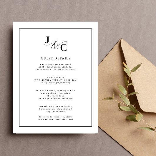 Zwart-wit kalligrafie bruiloft details informatiekaartje