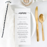 Zwart & Wit Kalligrafie Bruiloft Menu<br><div class="desc">Ons eenvoudige en elegante trouwmenu kenmerkt uw aanzetcursussen, ingangen en desserts die door uw namen, trouwdatum en "menu"in het moderne schrijven van het calligrafische manuscript worden getopt. Ontworpen om te combineren met ons Ampersand Monogram bruiloft collectie. Gebruik de gebieden van de sjabloon om uw menuinformatie toe te voegen, en klik...</div>