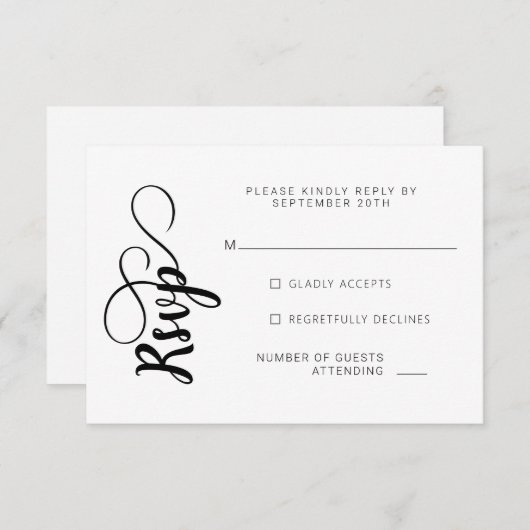 Zwart-wit kalligrafie bruiloft RSVP Kaarten (Voorkant / Achterkant)