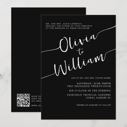 Zwart-wit kalligrafie bruiloft uitnodiging (Voorkant / Achterkant)