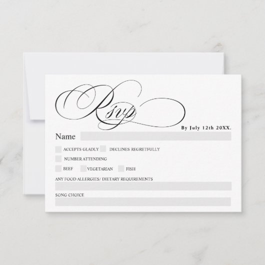 Zwart wit kalligrafie chic rsvp bruiloft kaart (Voorkant)