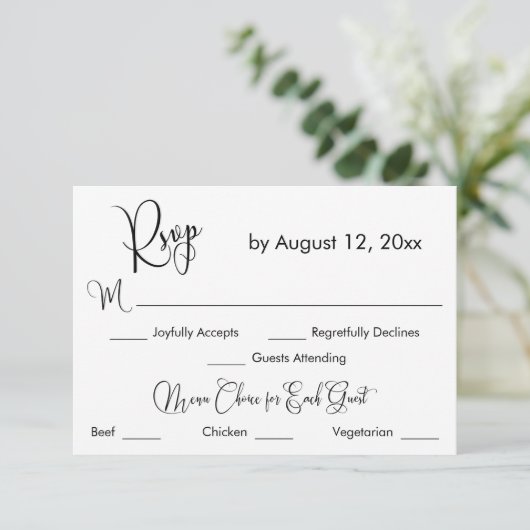 Zwart-wit kalligrafie drie menu keuze RSVP (Staand voorkant)