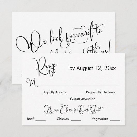 Zwart-wit kalligrafie drie menu keuze RSVP (Voorkant / Achterkant)