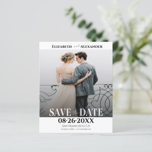 Zwart-wit kalligrafie foto Save the Date (Staand voorkant)
